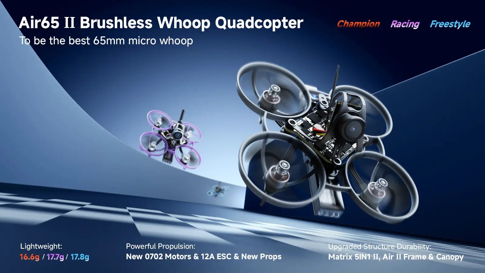 Air65 II brushless whoop quadcopter; two micro drones, black foreground quad with guard rings and purple background unit