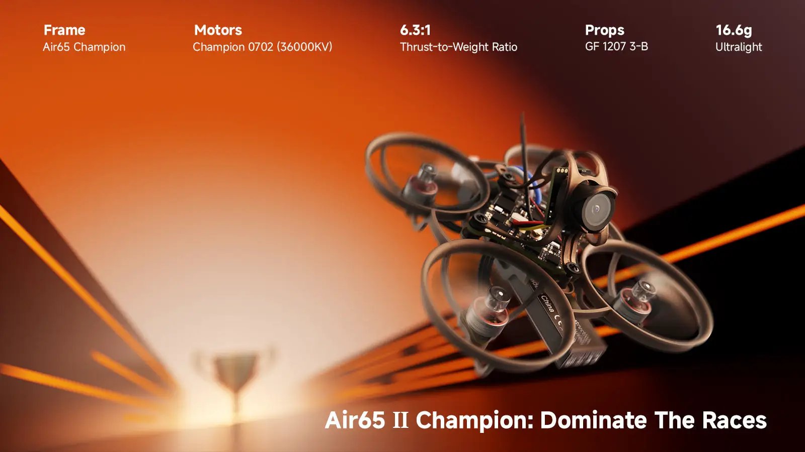 BETAFPV Air65 ll brushless whoop quadcopter for RC racing against an orange gradient backdrop