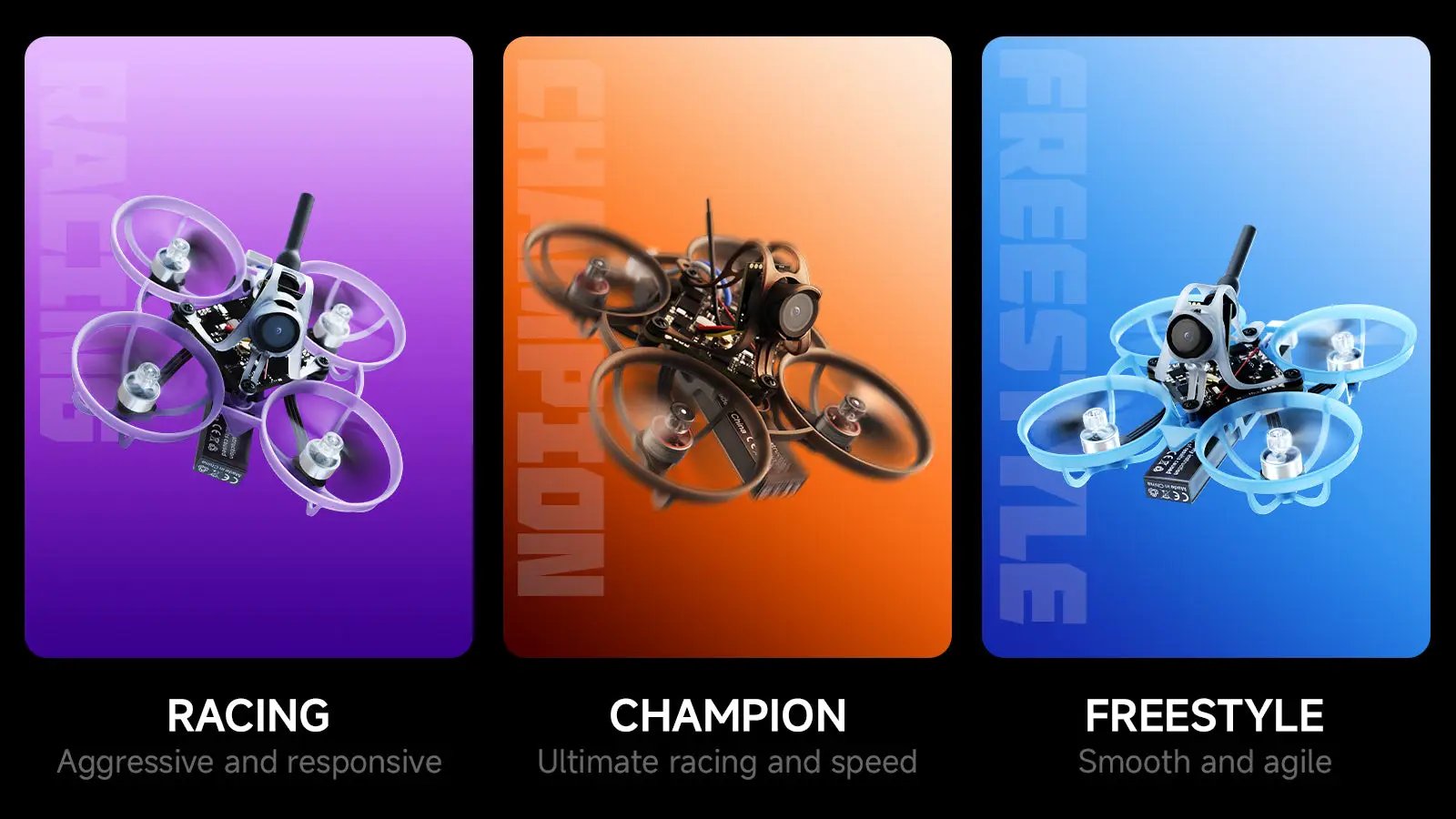 BETAFPV Air65 ll brushless whoop quadcopter in purple, orange and blue variants for RC racing