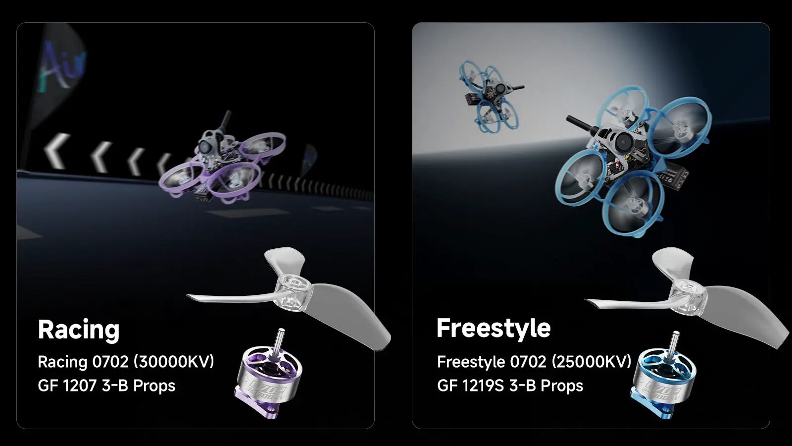 Betafpv Air65 ll brushless whoop quadcopters in purple and blue; two variants Racing 0702 30000KV and Freestyle 0702 25000KV.