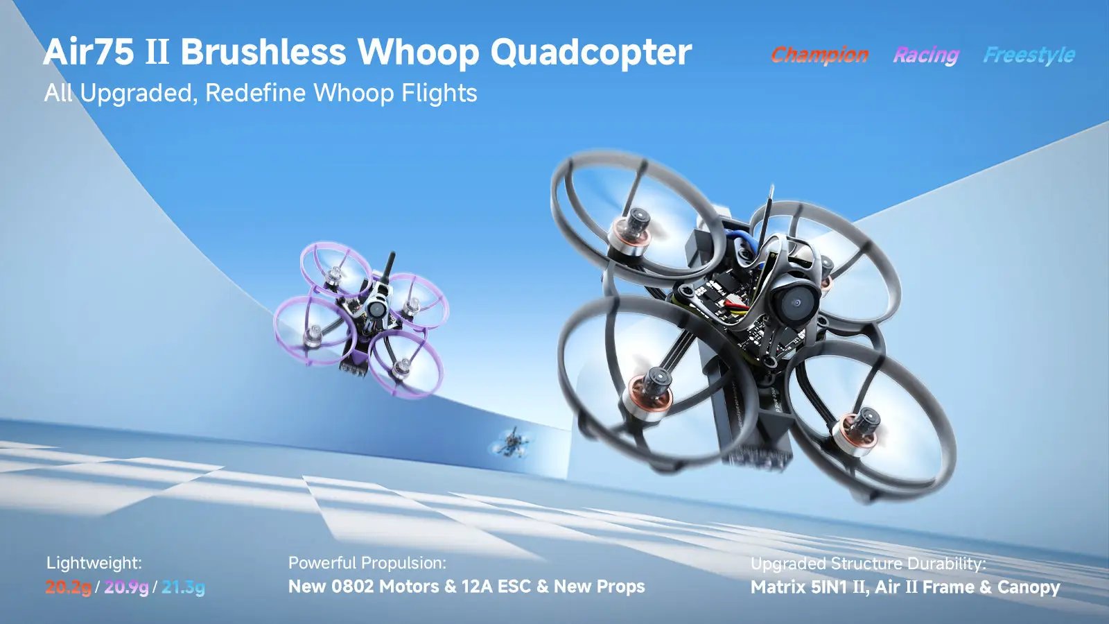 BETAFPV Air75 II brushless whoop quadcopter by Simples Market, ultralight Champion Racing & Freestyle, 2 drones shown