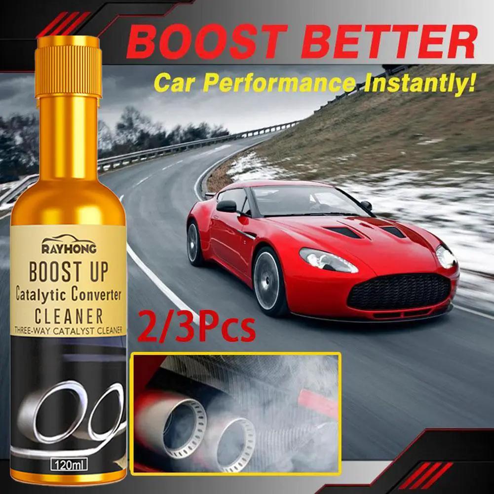 Rayhong Boost Up Catalytic Converter Cleaner bottle with red sports car on highway; 2/3 pcs shown.