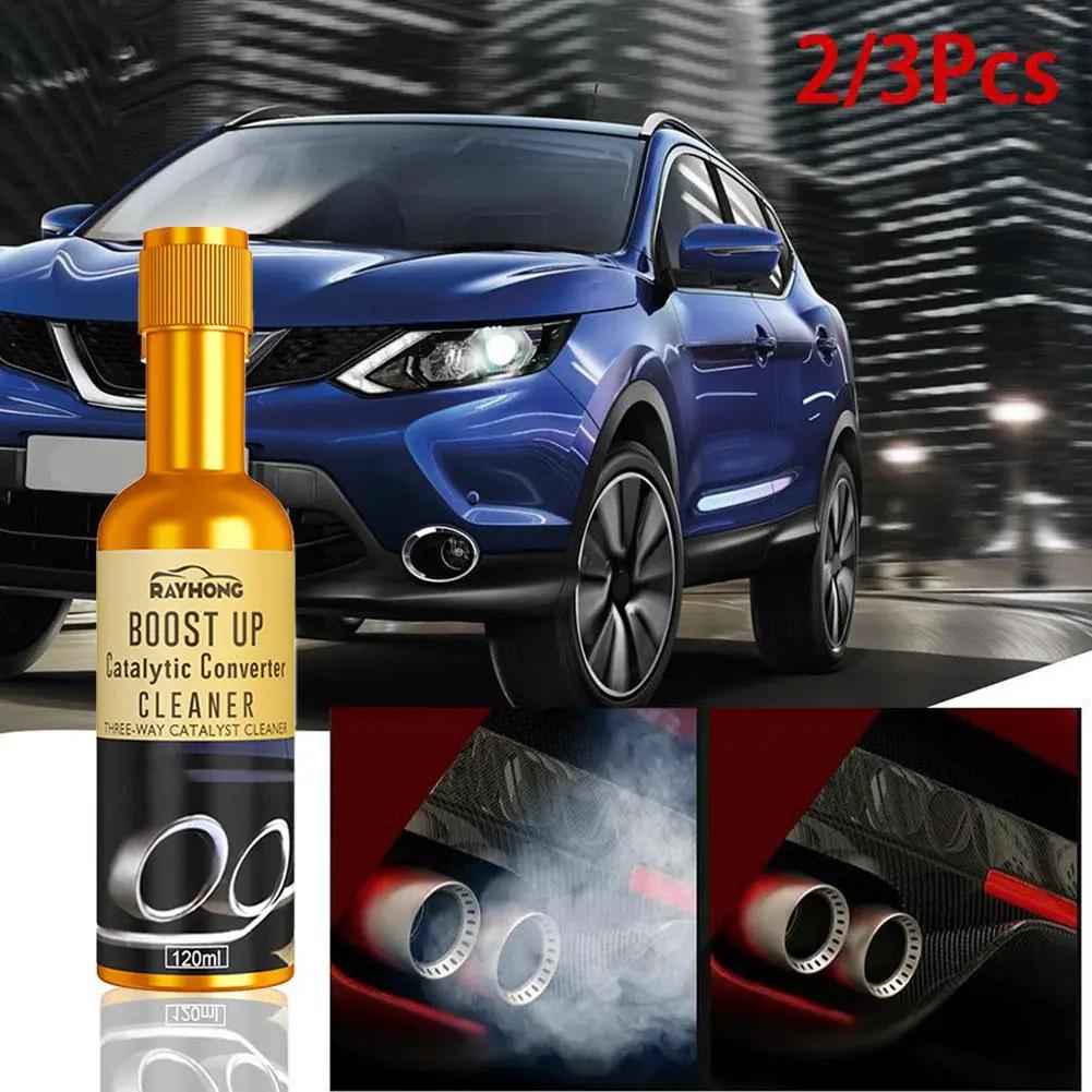Rayhong Boost Up Catalytic Converter Cleaner bottle beside a blue SUV, 120ml