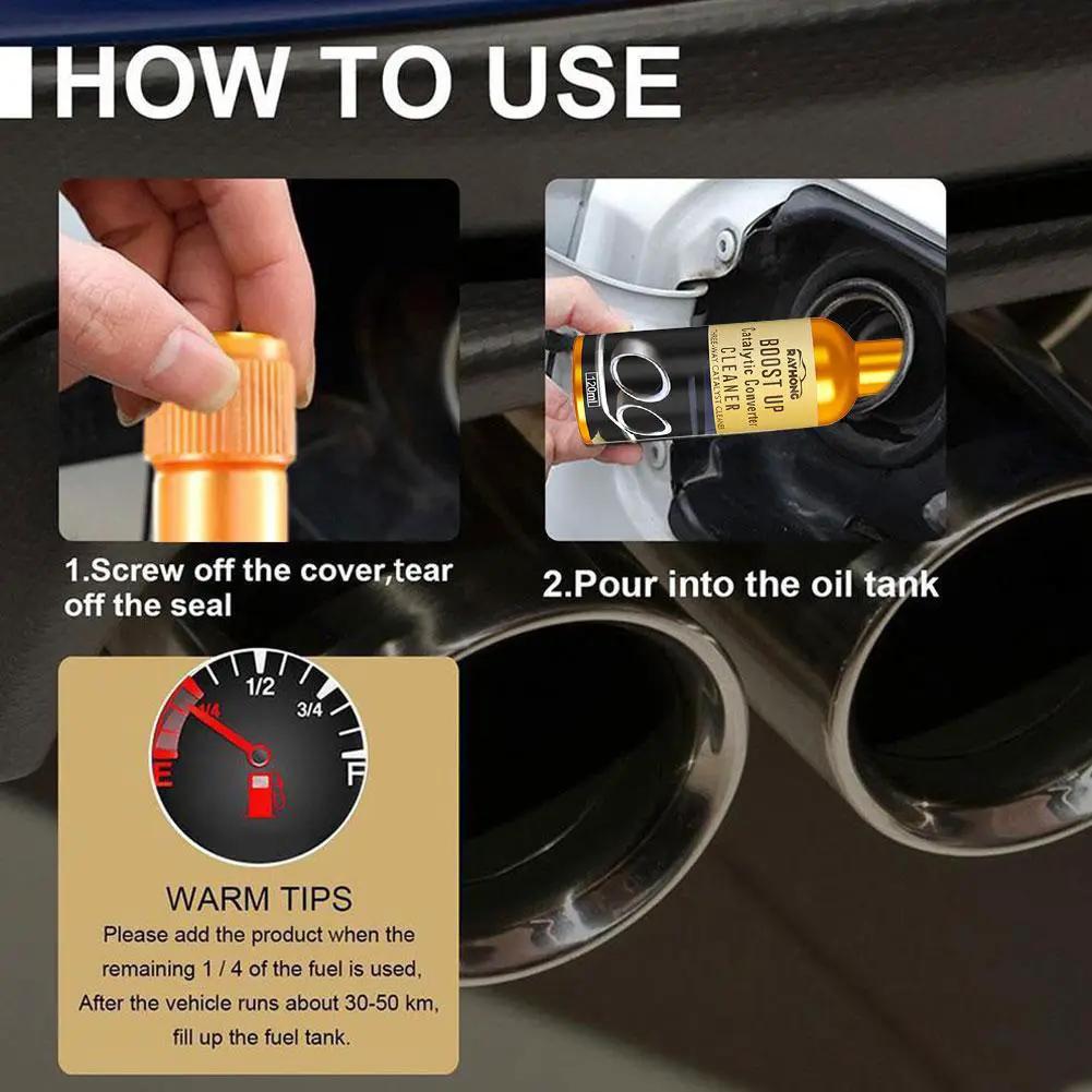Simples Market car catalytic converter cleaner bottle with orange cap, shown in step-by-step usage panels