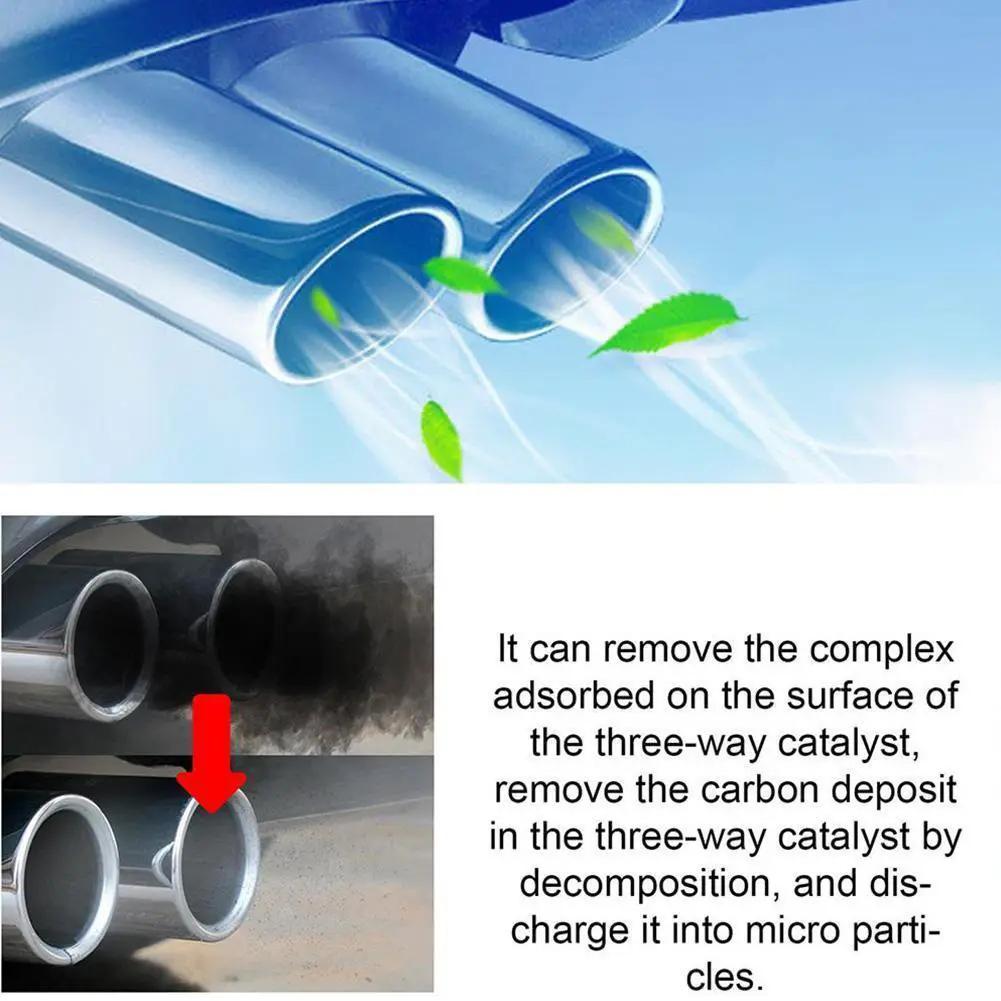 Simples Market catalytic converter cleaner for cars; dual chrome exhaust tips with green leaf motif.