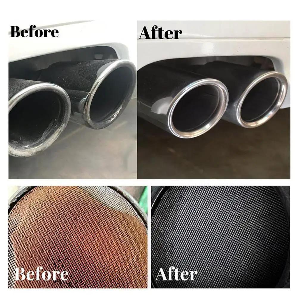 Simples Market car catalytic converter cleaner; 4-item collage shows exhaust tips and brown-to-black filters.