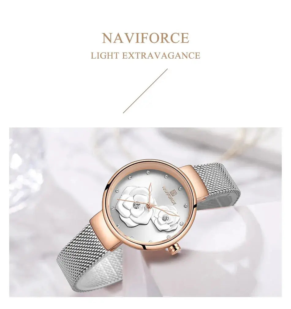 Naviforce women's watch with rose-gold case, silver mesh band, floral dial and crystal markers.