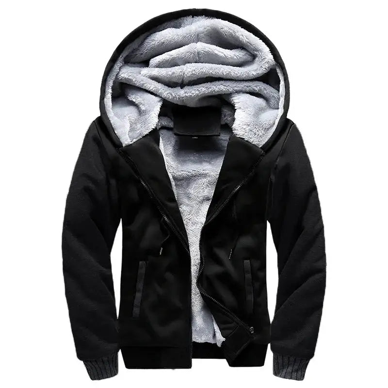 Men's hooded jacket, black exterior with gray fleece lining, Simples Market