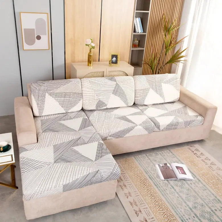 Geometric print sofa cover for corner sectional, elastic stretch, gray and cream pattern