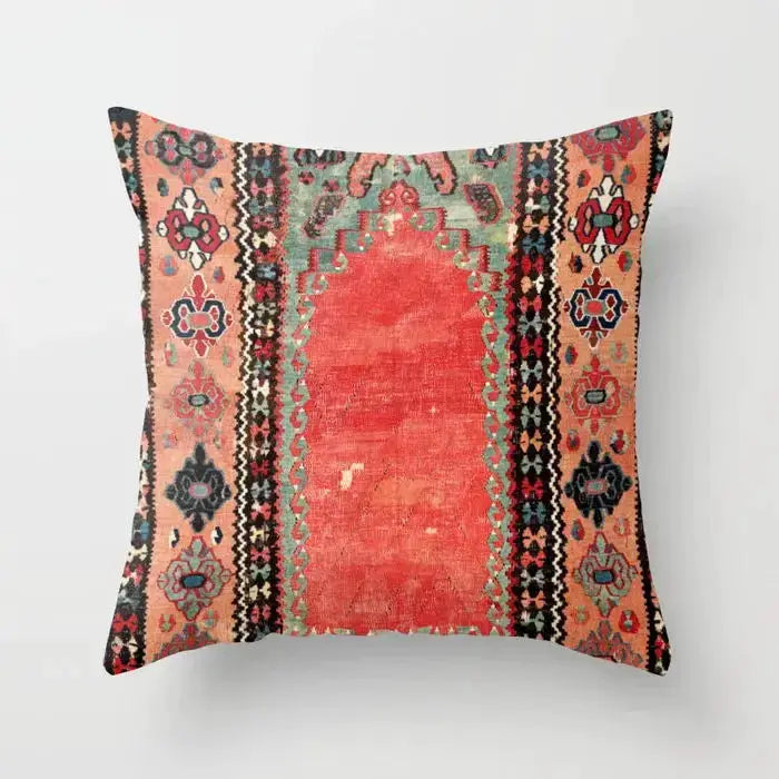 Nordic pillow case by Simples Market in Moroccan Bohemian kilim style with red center and multicolor borders