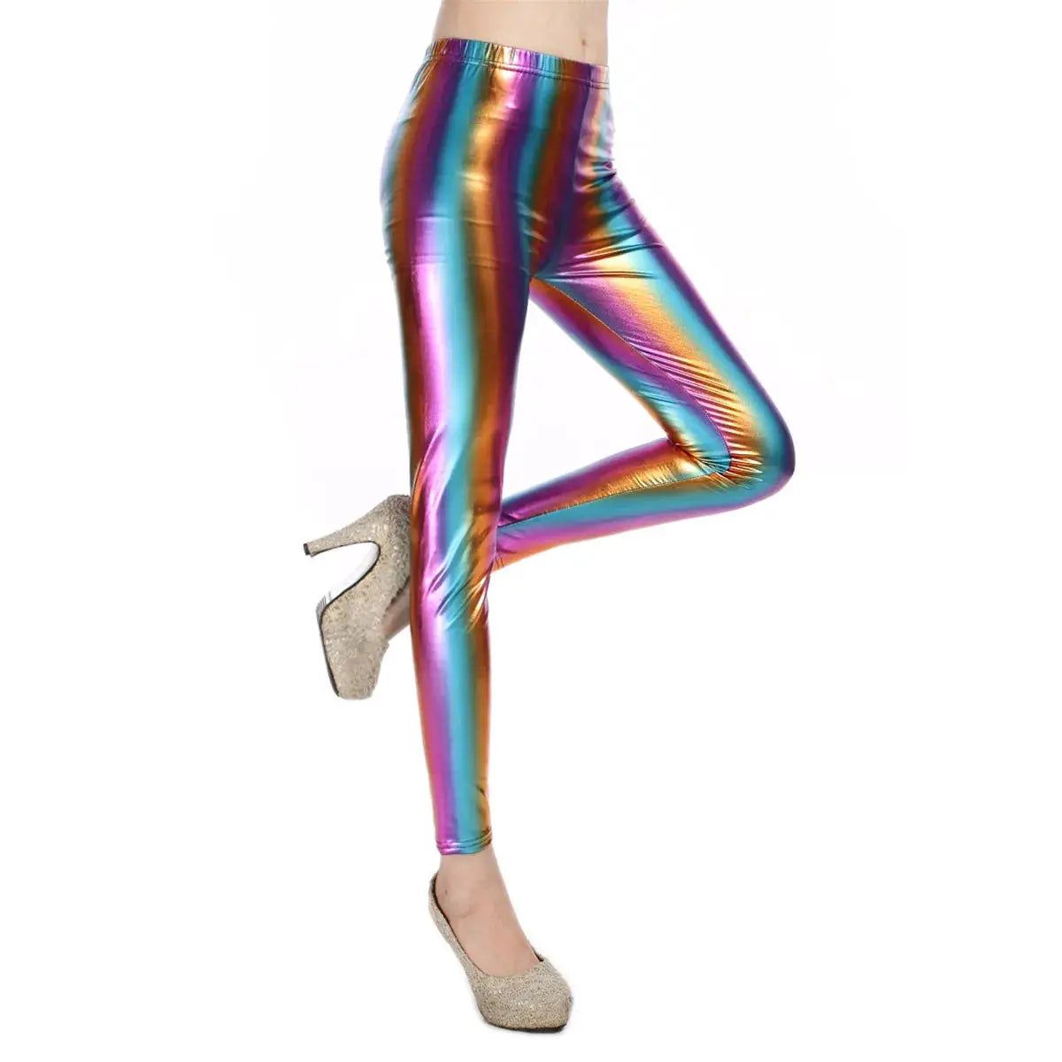 Ladies rainbow metallic laser leather leggings, candy color