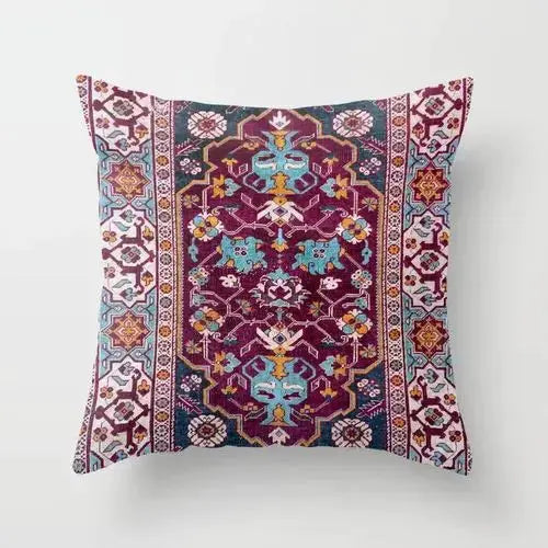 Simples Market Moroccan bohemian pillow cover, square cushion with vibrant multicolor geometric pattern.