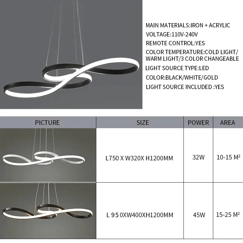 Modern kitchen island pendant lights with infinity-loop LED rings in black and white finishes, remote dimmable, 2 sizes