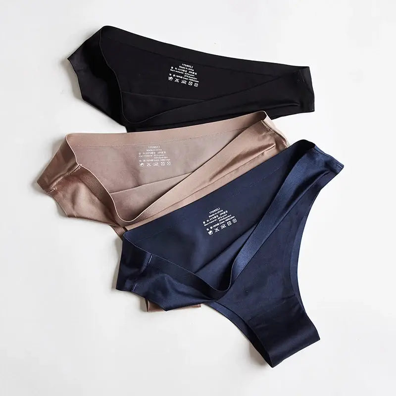 BANNIROU seamless thong underwear set, 4 colors in ice silk fabric (black, beige, taupe, navy)
