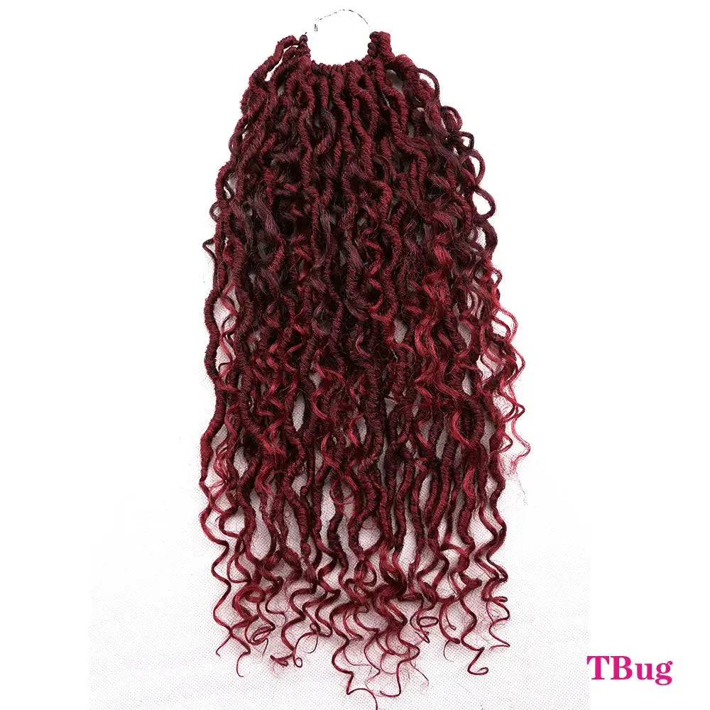 Synthetic Goddess Locs crochet hair extensions in burgundy red, long curly faux locs with TBug logo