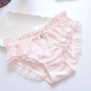 Pink cotton ruffle panties with bow, breathable and elastic waistband for women