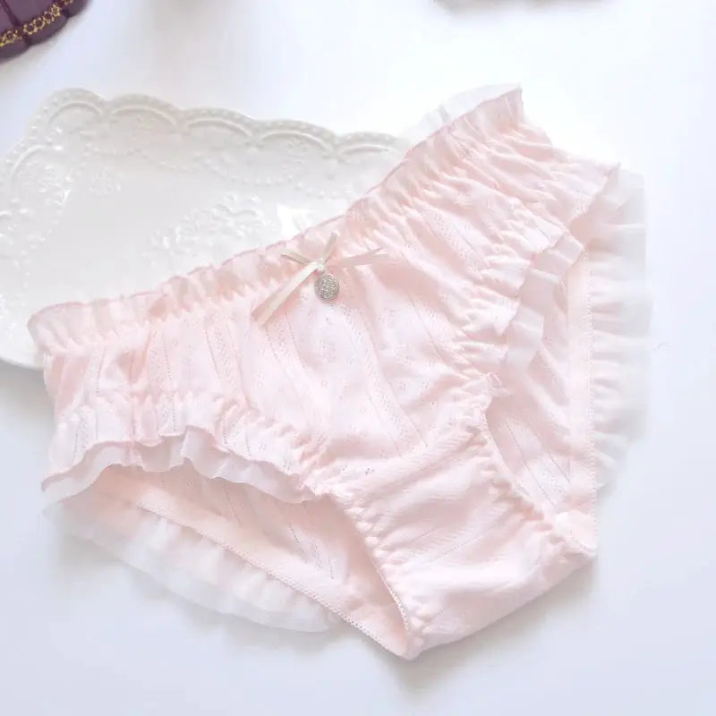 Pink cotton ruffle panties with bow, breathable and elastic waistband for women