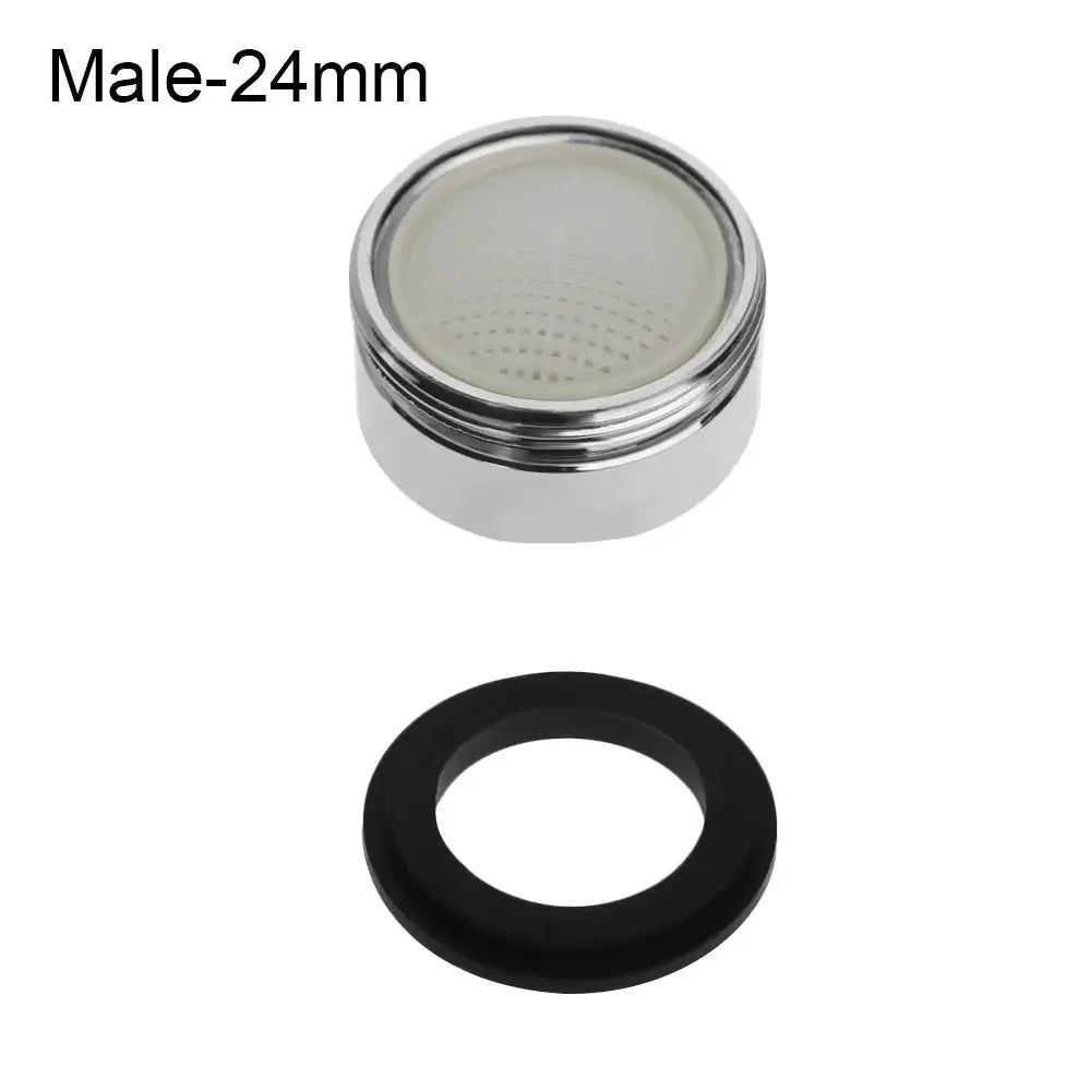Chrome faucet aerator with mesh diffuser and black gasket, 24mm male
