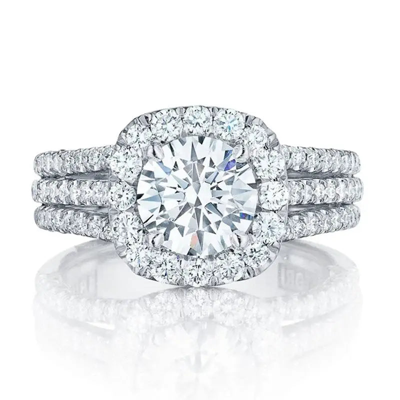 Huitan triple-band silver engagement ring with a large center cubic zirconia and a pave halo