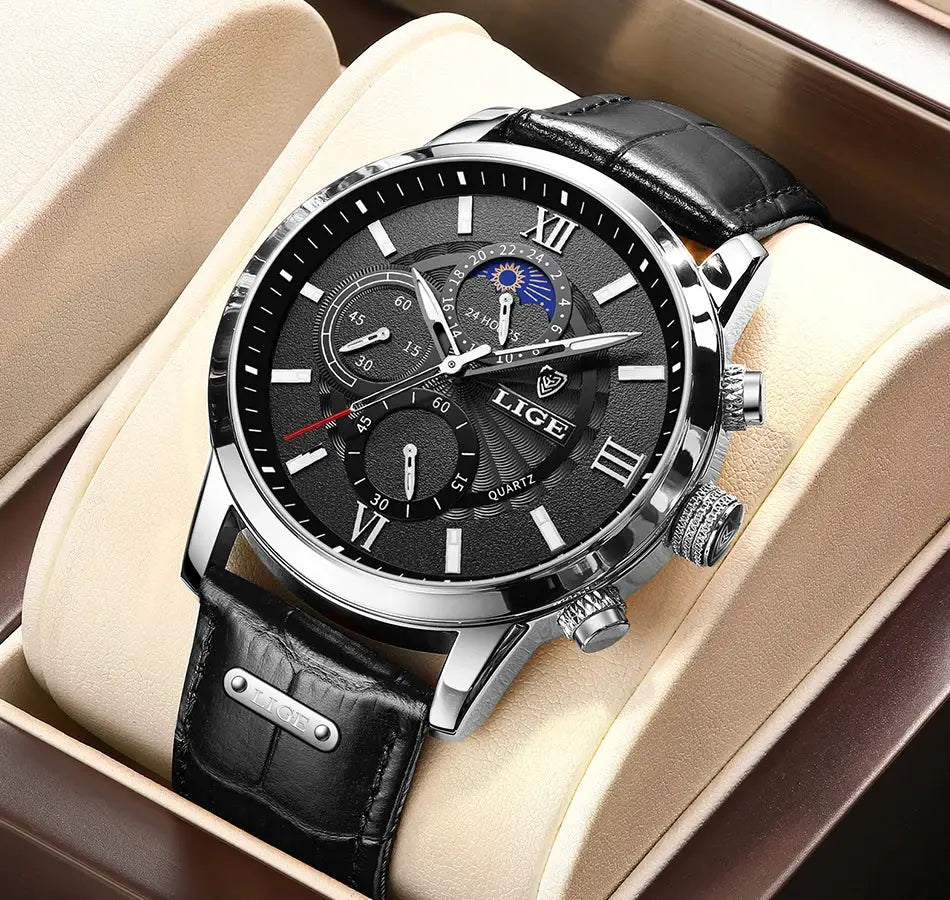 LIGE men's luxury chronograph watch with black leather strap and silver case