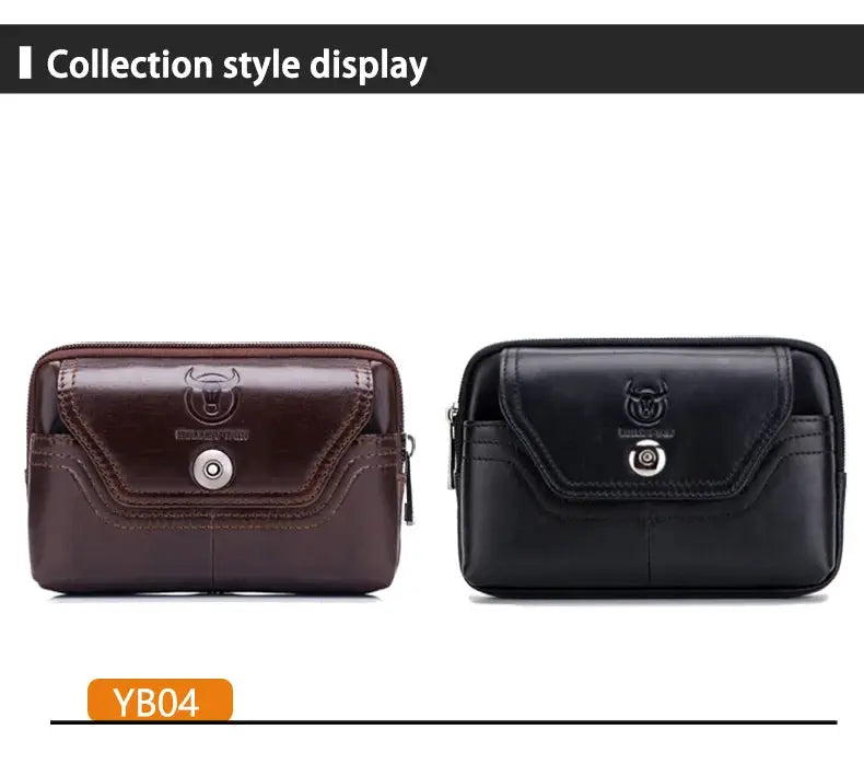 Two BULLCAPTAIN men's leather belt waist packs in brown and black from Simples Market