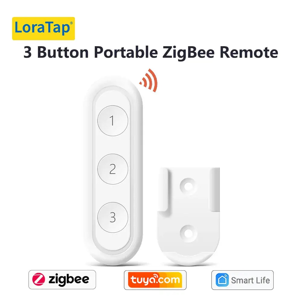 LoraTap 3-button portable ZigBee remote, white wireless switch with mounting clip; features ZigBee, Tuya and Smart Life logos