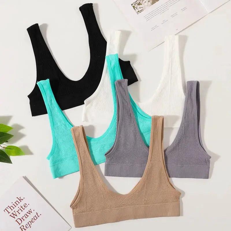 Six womens seamless ribbed bralettes with deep-U non-wire design in black, white, gray, beige, teal and mint