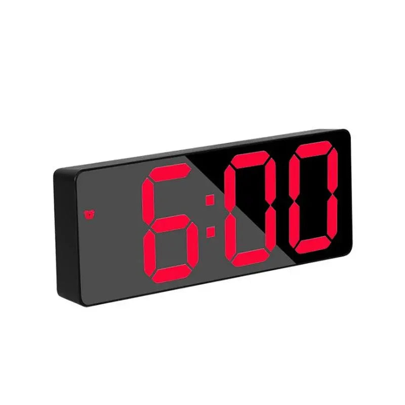 Acrylic mirror digital alarm clock with red LED time display, night mode, 12/24h.