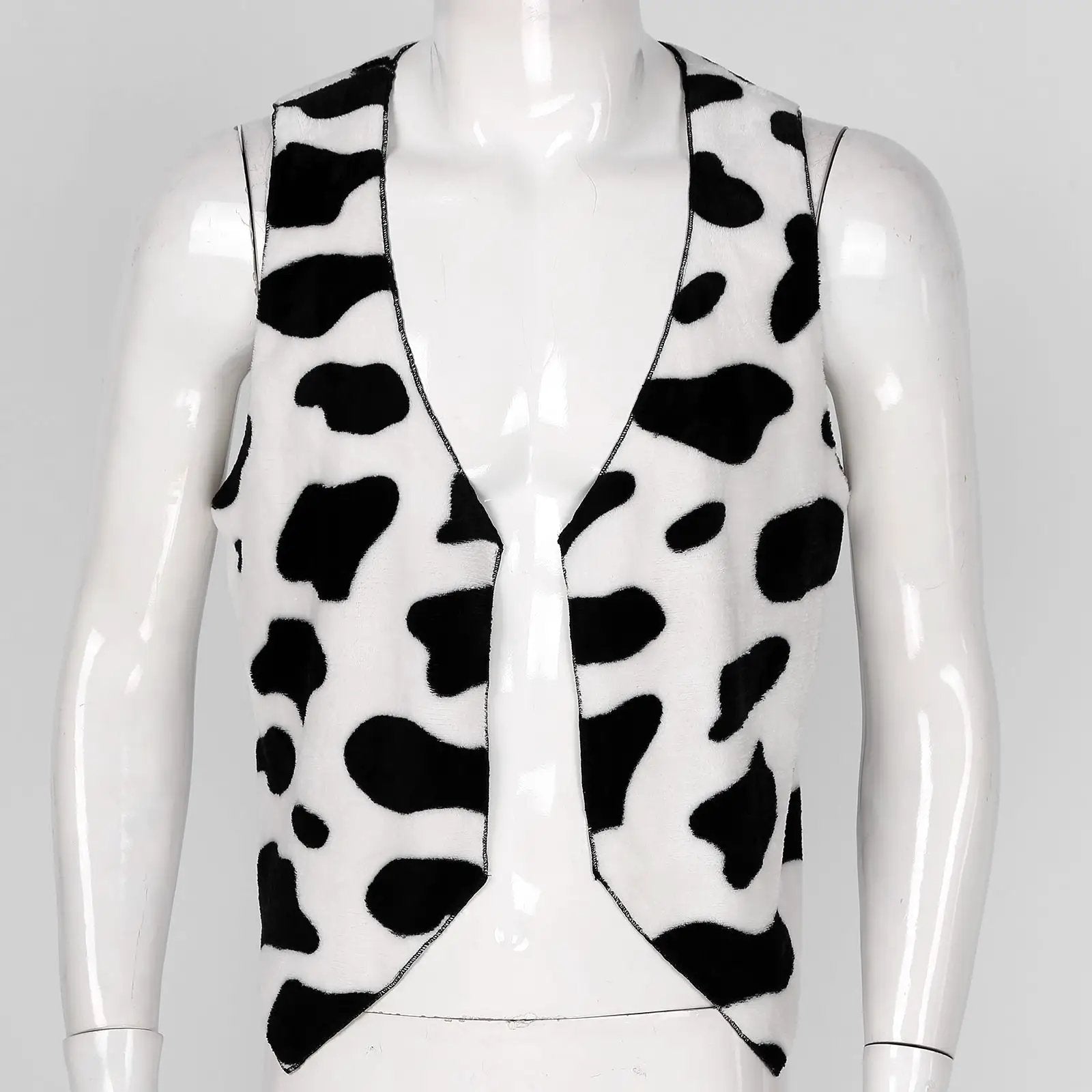 Men's cow-print sleeveless vest, open-front faux fur waistcoat in black and white.