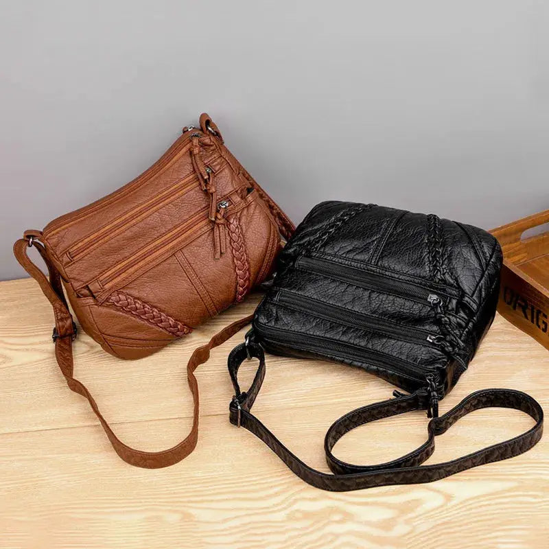 Two Simples Market PU leather women's messenger bags in brown and black with braided straps and zip pockets