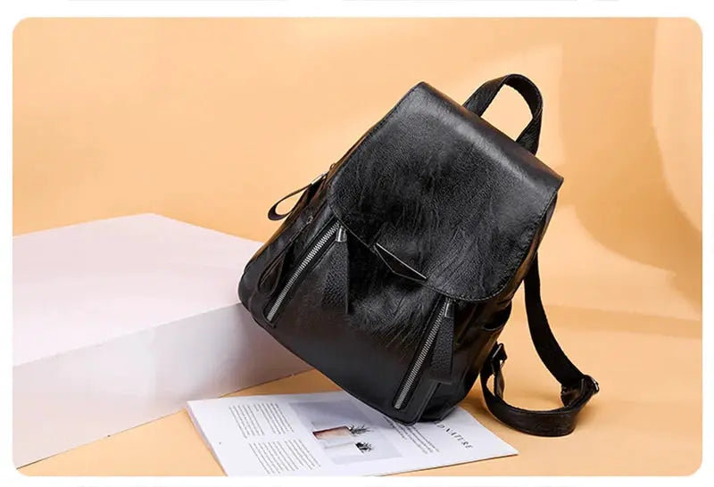 Yogodlns luxury women's PU leather backpack, black, large-capacity with double-zipper front pockets