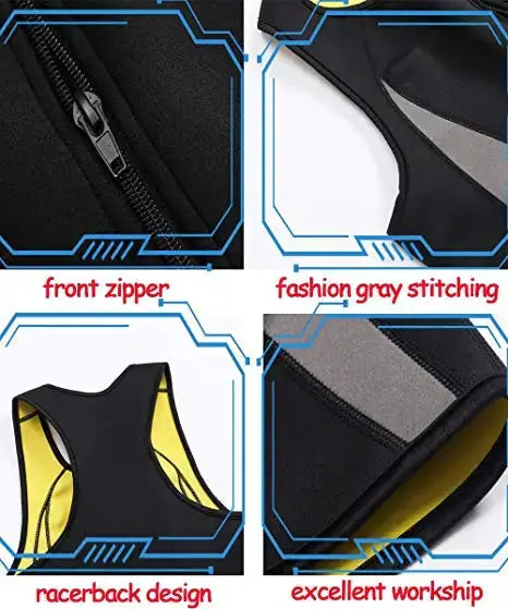 Men body shaper waist trainer sauna vest shapewear, black with yellow lining, front zipper, racerback, gray stitching