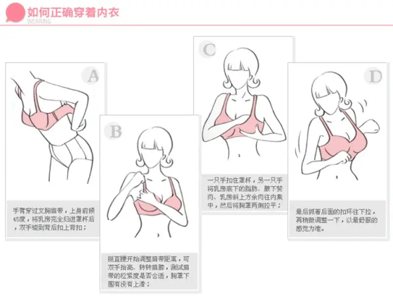 Simples Market BCDE Cup Bra pink lace push-up underwire lingerie with four illustration panels A-D