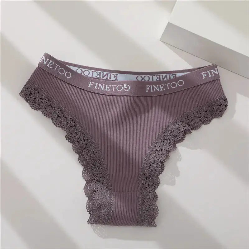 Women’s mauve cotton panties with lace trim and ribbed texture, FINETOO waistband