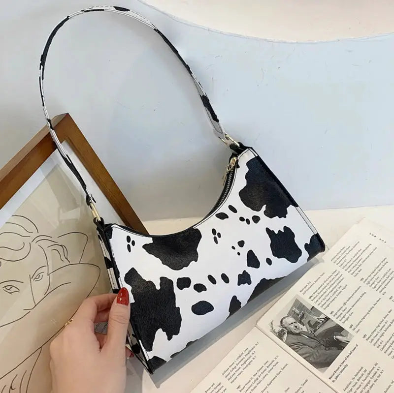 Shoulder bag for women in black-and-white zebra print, PU leather, compact handbag