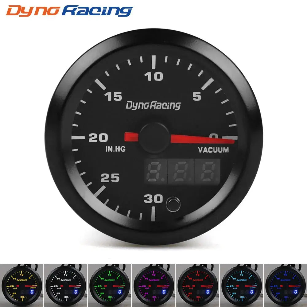 DynRacing 52mm LED dual gauge with boost, water/oil temp, oil pressure, voltmeter, AFR, EGT and tach; 7 color options.