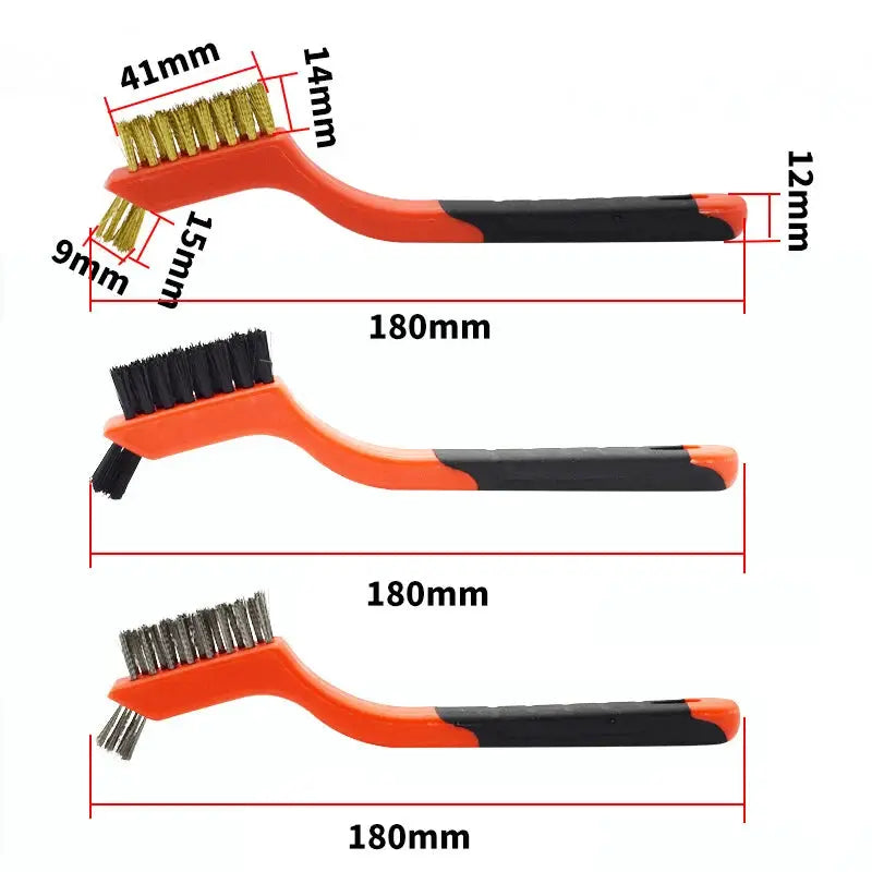 7-inch three-piece cleaning brush set by Simples Market with brass, black, and steel bristles