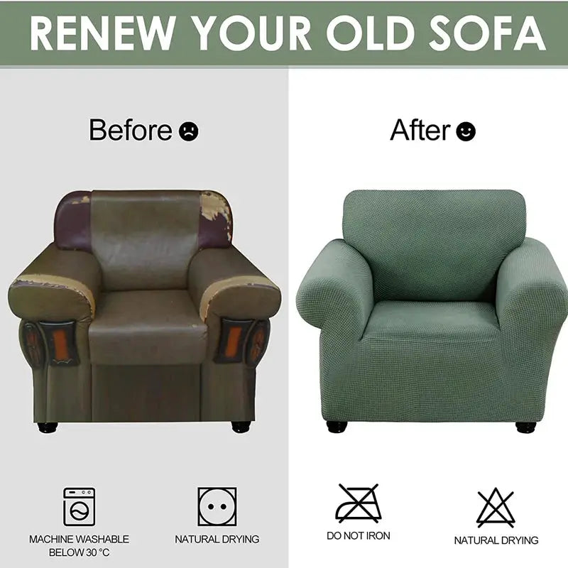 Green thick jacquard sofa protector slipcover on an armchair; before and after comparison showing two chairs.