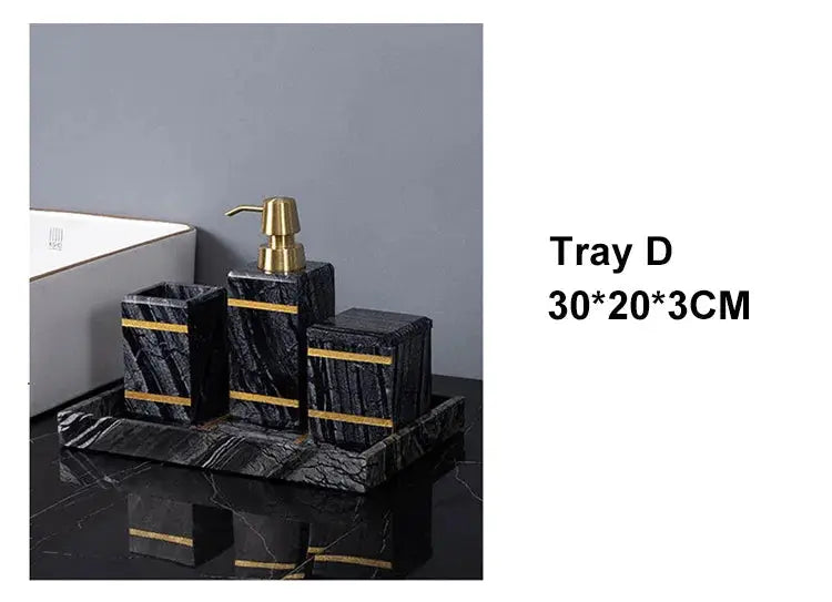 Bathroom set Tray D in black marble with gold bands; soap dispenser and toothbrush holder by Simples Market