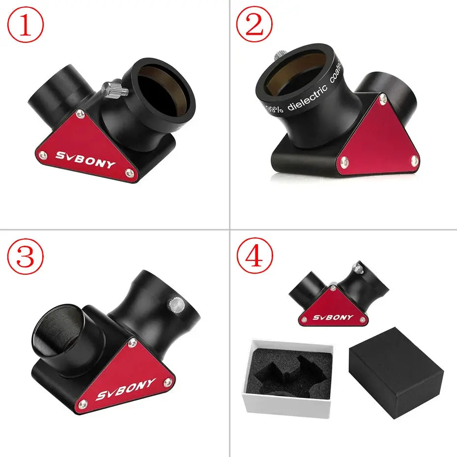 SVBONY SV188P 1.25-inch 90° dielectric mirror diagonal with red base, black body; includes box and foam packaging