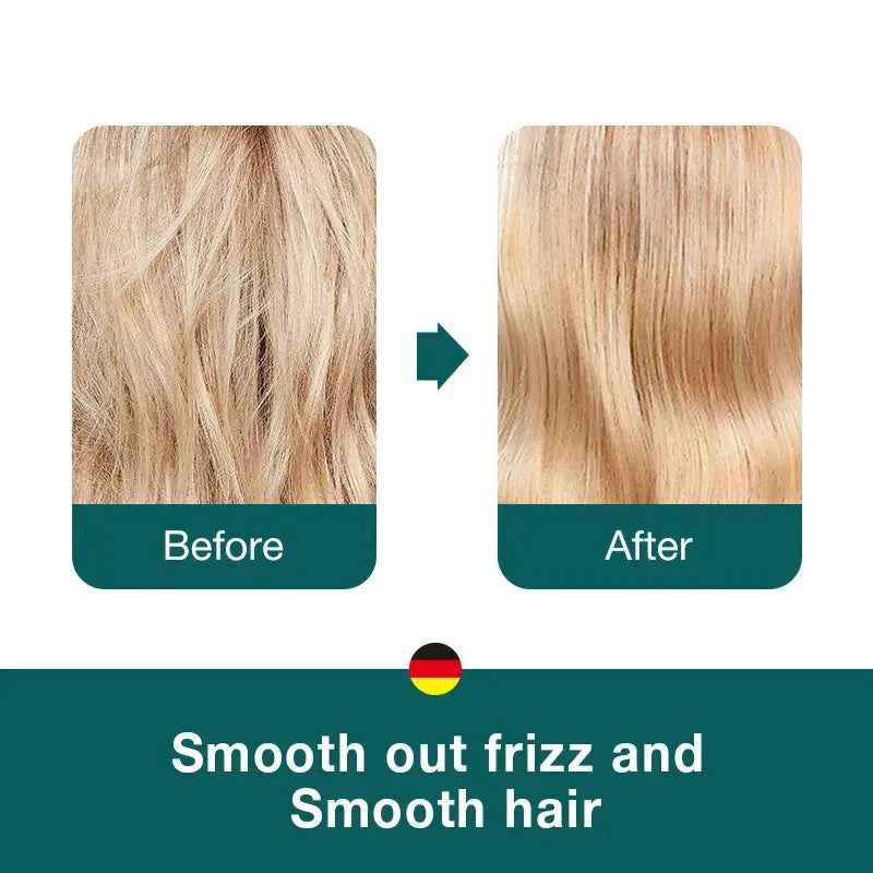 MR.GREEN hollow-out hair brush by Simples Market; before and after shows smoother, frizz-free blonde hair