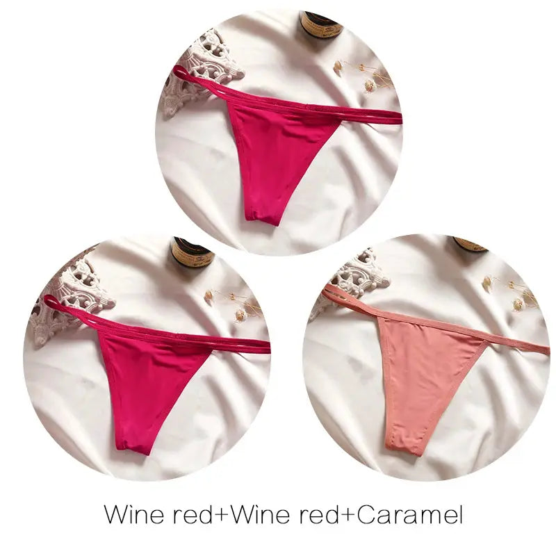 3-piece women's thong underwear set in wine red and caramel; low-rise G-string panties