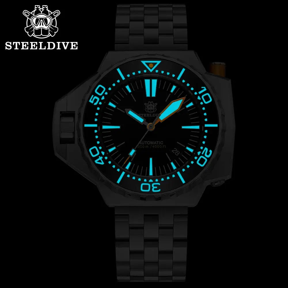 Steeldive Proplof SD1969 V3 dive watch with 56mm steel case, black bracelet, cyan lume, NH35 automatic.