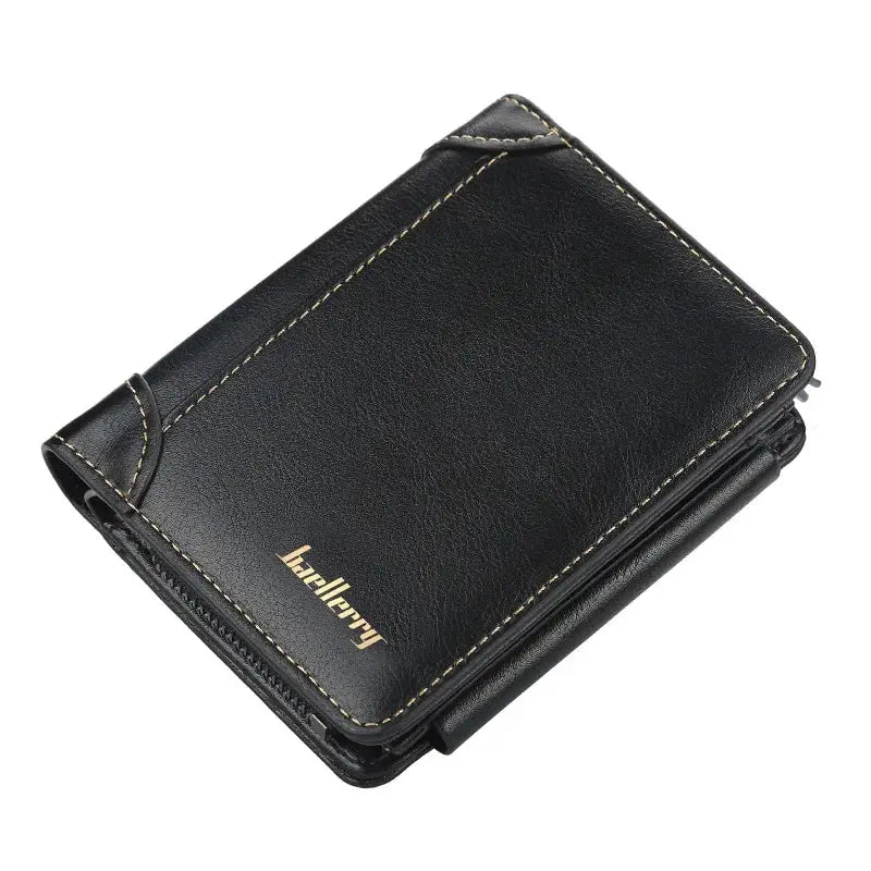 Simples Market black PU leather men's wallet with zipper, compact card holder and coin pocket.