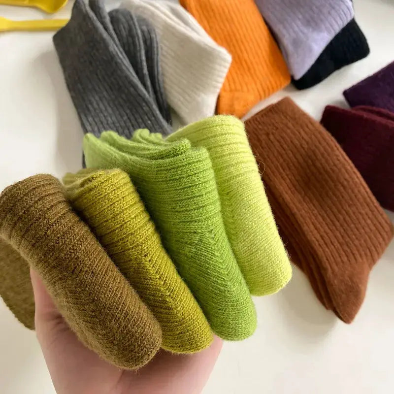 CHAOZHU Thick Warm Merino Wool Rib Socks For Women Solid Colors Loose Fit Japanese Korea Fashion Winter