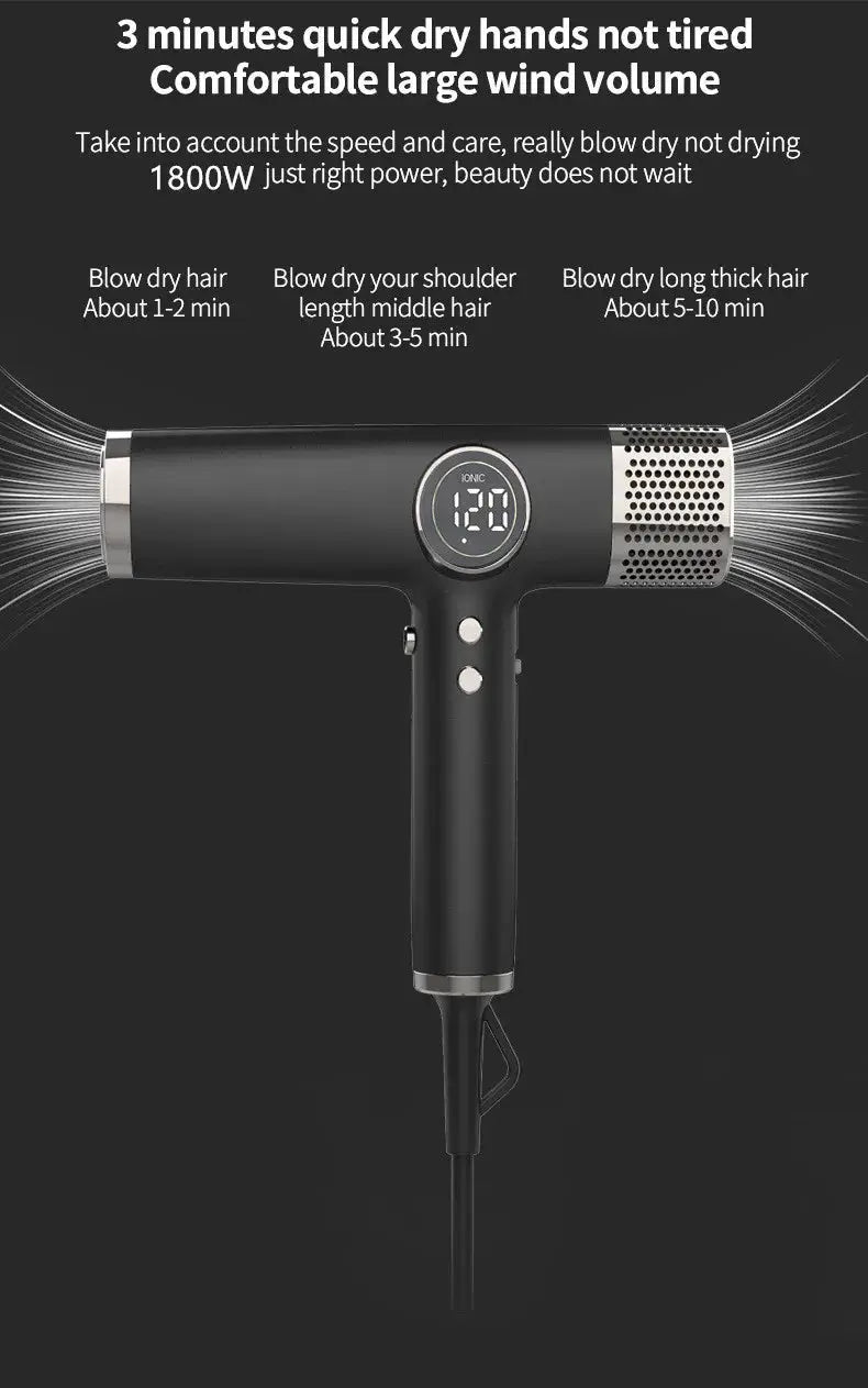 110000 RPM high-speed brushless ionic hair dryer with digital display, black body