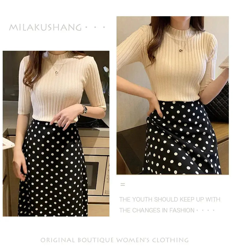 Beige ribbed knit short-sleeve blouse paired with black polka-dot midi skirt