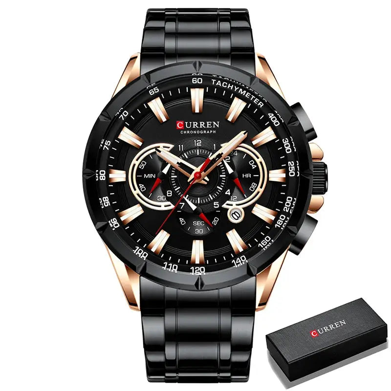 Curren men's chronograph watch with black stainless steel band, rose gold accents and tachymeter bezel, includes box