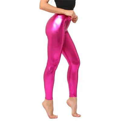 Ladies pink metallic shiny leggings with laser-leather look