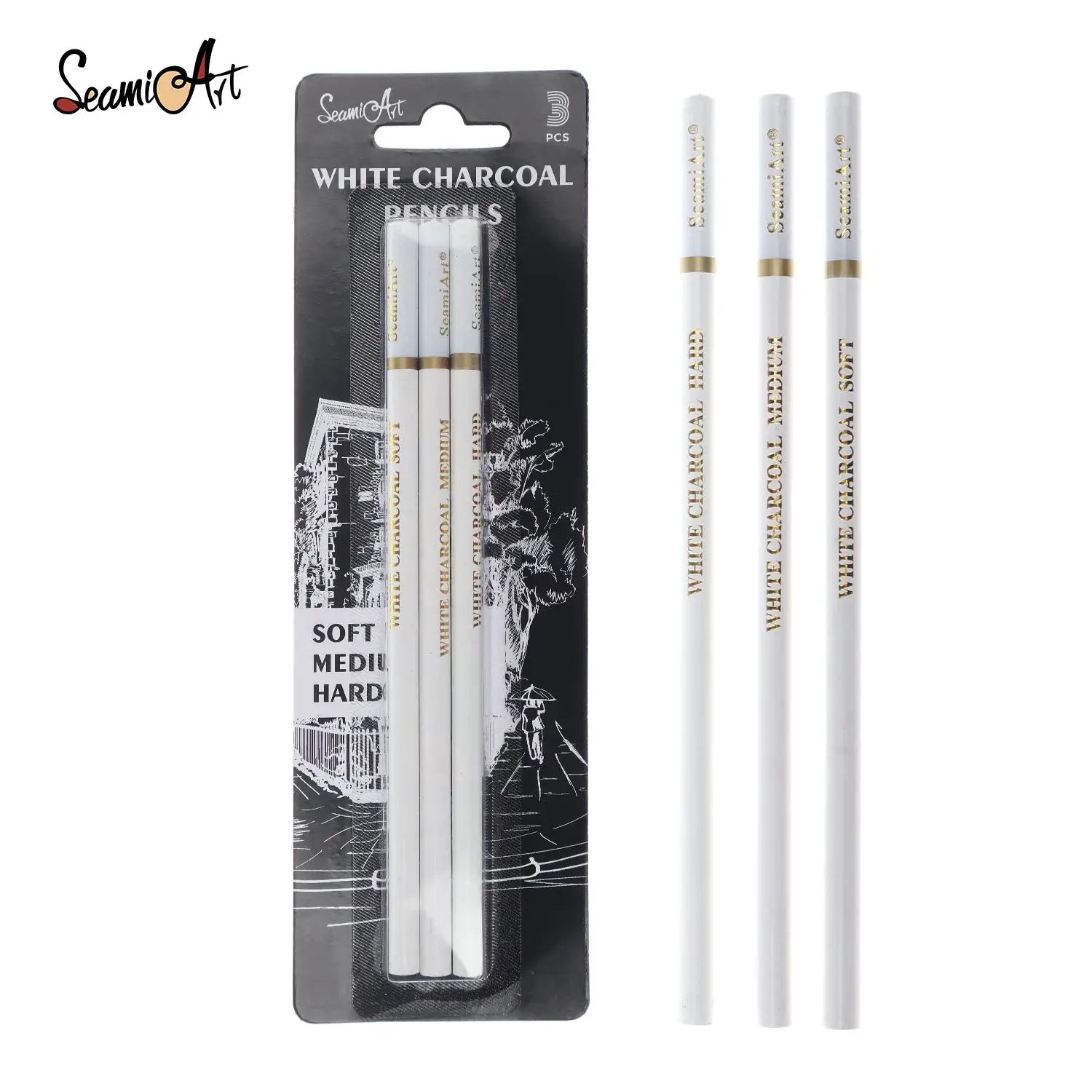 SeamiArt white charcoal pencils set of 3 (soft/medium/hard) for sketching